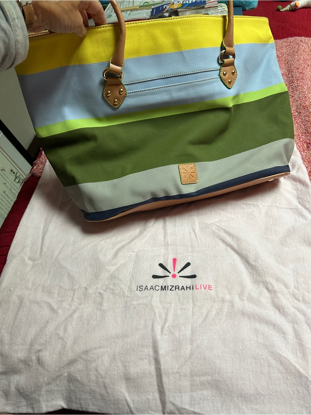 Isaac Mizrahi Yellow, Light Blue, Lime, Olive & Navy Striped Tote